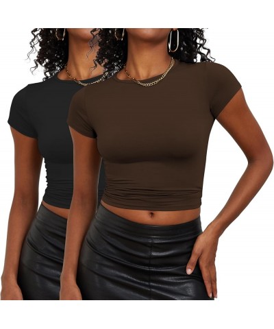 Women's Casual Basic Going Out Crop Tops Slim Fit Short Sleeve Comfort Tight T Shirts Underscrubs Layer Workout Tops 1black a...