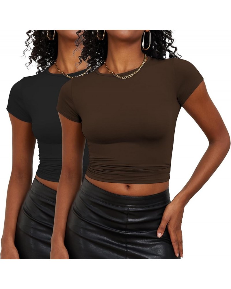 Women's Casual Basic Going Out Crop Tops Slim Fit Short Sleeve Comfort Tight T Shirts Underscrubs Layer Workout Tops 1black a...