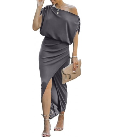 Women's Elegant Off Shoulder High Waist Wrap Formal Dress Evening Party Maxi Bodycon Dress with Slit Dark Gray $16.10 Dresses