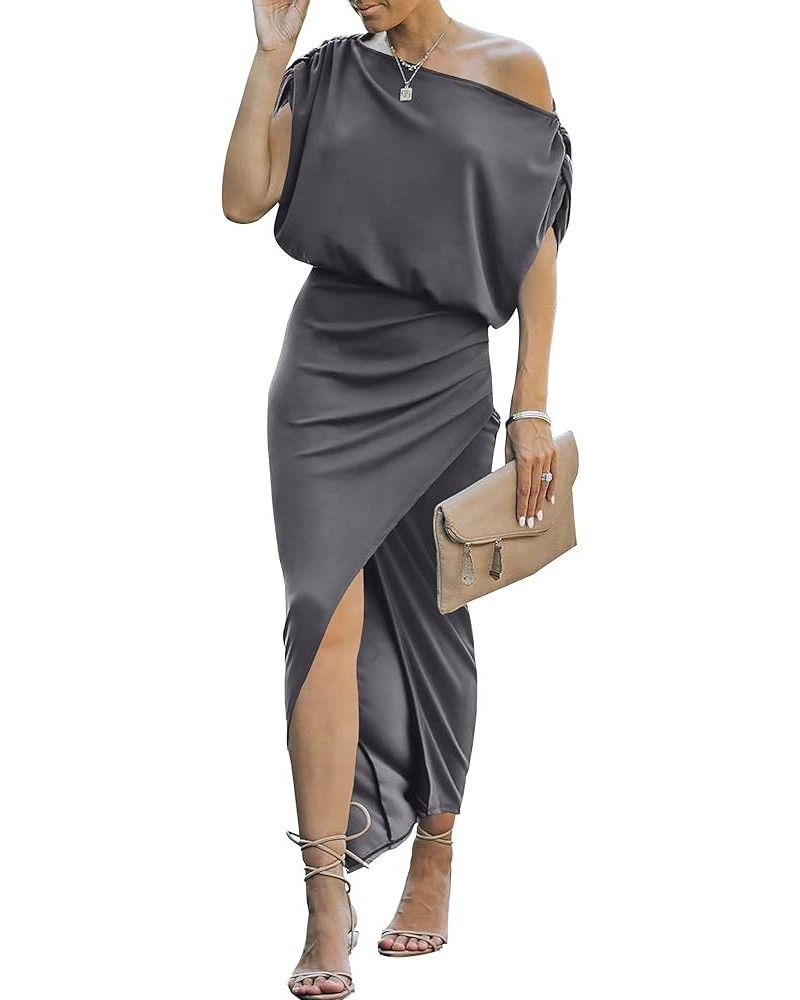 Women's Elegant Off Shoulder High Waist Wrap Formal Dress Evening Party Maxi Bodycon Dress with Slit Dark Gray $16.10 Dresses