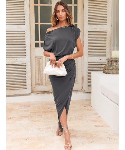 Women's Elegant Off Shoulder High Waist Wrap Formal Dress Evening Party Maxi Bodycon Dress with Slit Dark Gray $16.10 Dresses