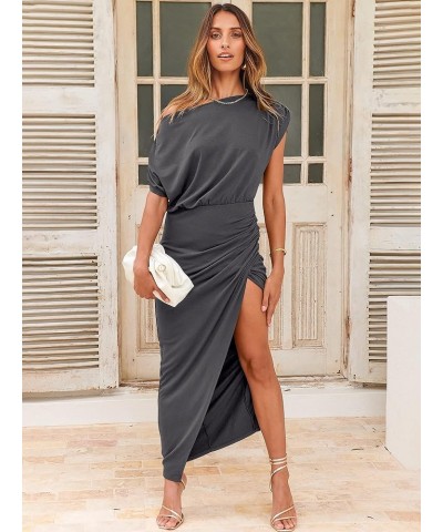 Women's Elegant Off Shoulder High Waist Wrap Formal Dress Evening Party Maxi Bodycon Dress with Slit Dark Gray $16.10 Dresses