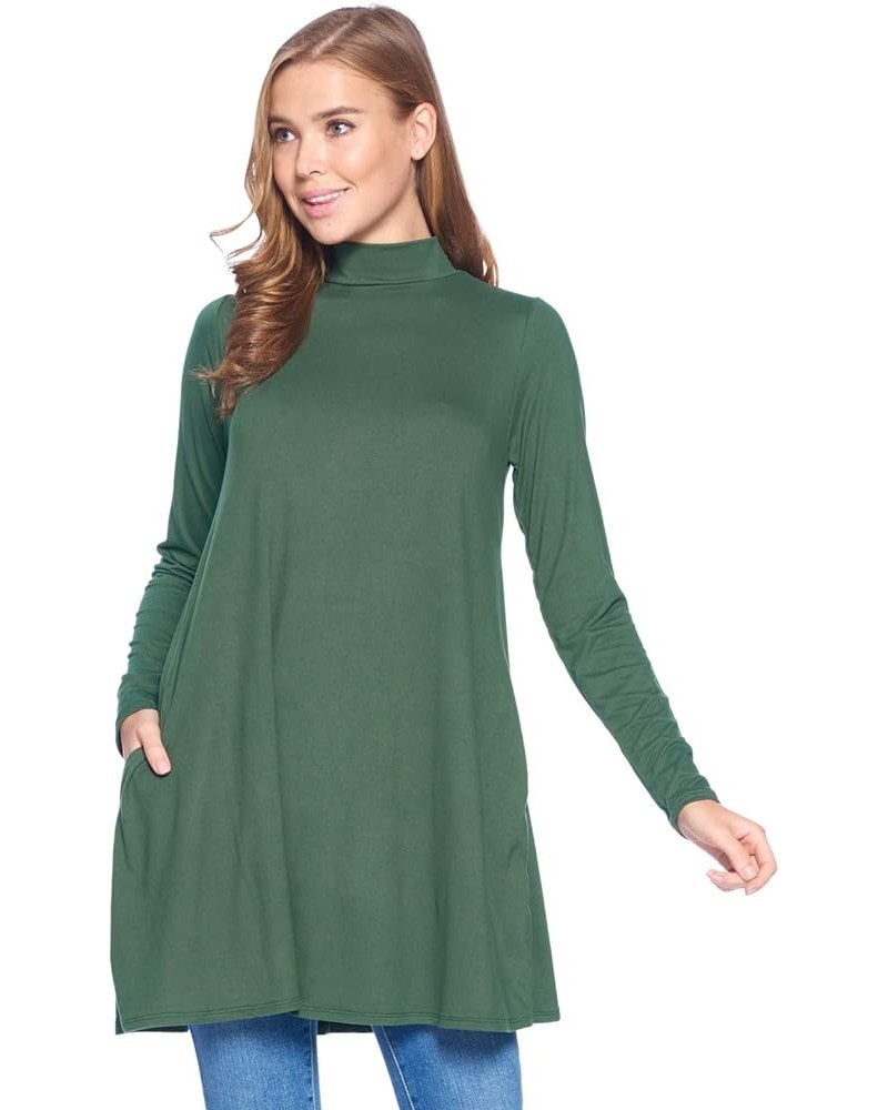 Long Sleeve Solid Mock Neck Pocket Swing Tunic T-Shirt Top (S-3X) Olive $17.35 Tops