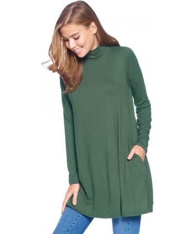 Long Sleeve Solid Mock Neck Pocket Swing Tunic T-Shirt Top (S-3X) Olive $17.35 Tops