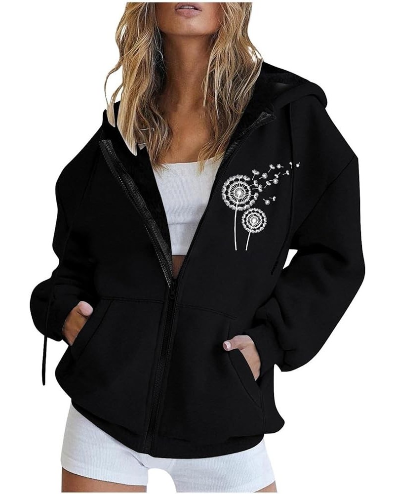 Fall Jacket For Women Trendy Oversized Sweatshirts Teen Girls Trendy y2k Clothes Printed Full Zip Up Hoodies Dandelion-black ...