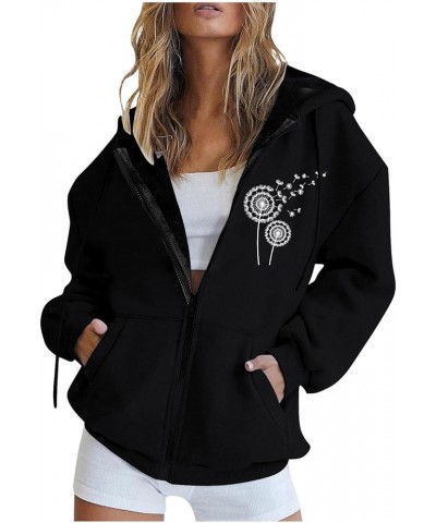 Fall Jacket For Women Trendy Oversized Sweatshirts Teen Girls Trendy y2k Clothes Printed Full Zip Up Hoodies Dandelion-black ...