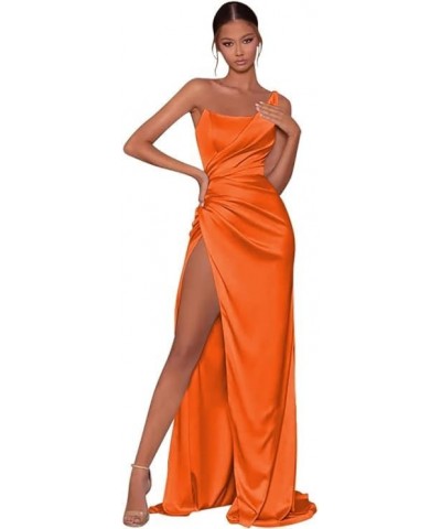 Women's Mermaid One Shoulder Prom Dress with Slit Long Ruched Satin Bridesmaid Dresses for Wedding Formal Party Gown Orange $...