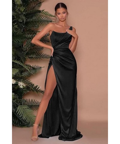 Women's Mermaid One Shoulder Prom Dress with Slit Long Ruched Satin Bridesmaid Dresses for Wedding Formal Party Gown Orange $...