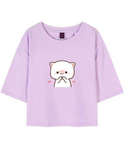 Women's Tops Cartoon Cute Cat Graphic Loose Cropped Cotton Crewneck T Shirts Purple $9.80 T-Shirts