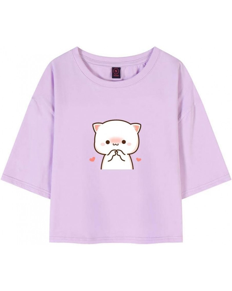 Women's Tops Cartoon Cute Cat Graphic Loose Cropped Cotton Crewneck T Shirts Purple $9.80 T-Shirts