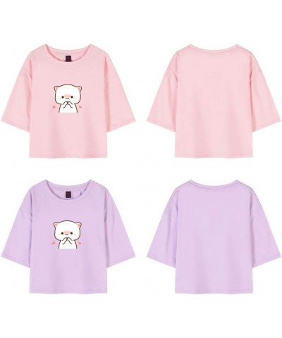 Women's Tops Cartoon Cute Cat Graphic Loose Cropped Cotton Crewneck T Shirts Purple $9.80 T-Shirts