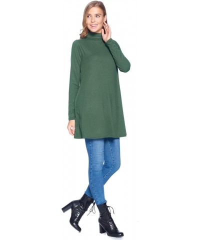 Long Sleeve Solid Mock Neck Pocket Swing Tunic T-Shirt Top (S-3X) Olive $17.35 Tops