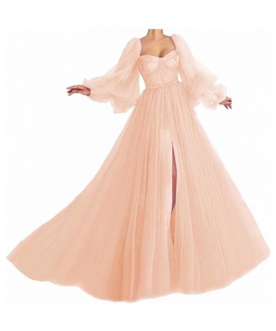 Puffy Sleeve Prom Dress Long Sweetheart Tulle Ball Gown Junior Princess Wedding Formal Evening Gowns with Split Rose Gold $41...