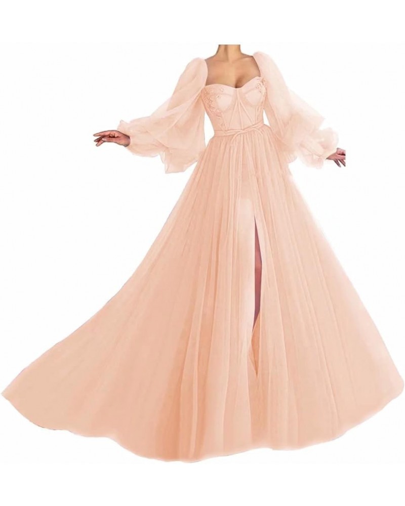 Puffy Sleeve Prom Dress Long Sweetheart Tulle Ball Gown Junior Princess Wedding Formal Evening Gowns with Split Rose Gold $41...