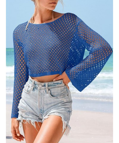 Womens Crochet Crop Top Swimsuit Cover Up Bell Long Sleeve Bathing Suit Coverups Blue $12.60 Swimsuits