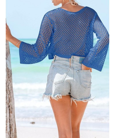 Womens Crochet Crop Top Swimsuit Cover Up Bell Long Sleeve Bathing Suit Coverups Blue $12.60 Swimsuits