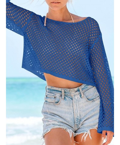 Womens Crochet Crop Top Swimsuit Cover Up Bell Long Sleeve Bathing Suit Coverups Blue $12.60 Swimsuits