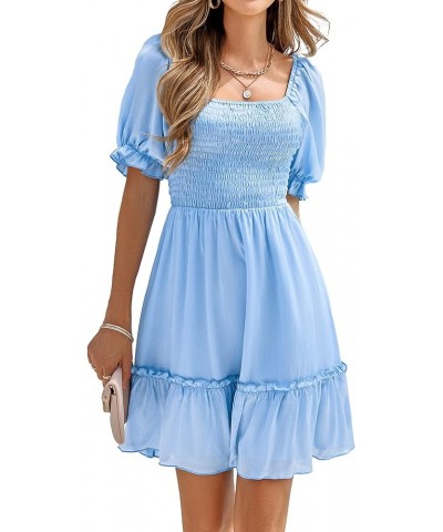 Women's Summer Short Puff Sleeve Smocked Dress Ruffle Tiered A Line Swing Dresses Light Blue $13.24 Dresses