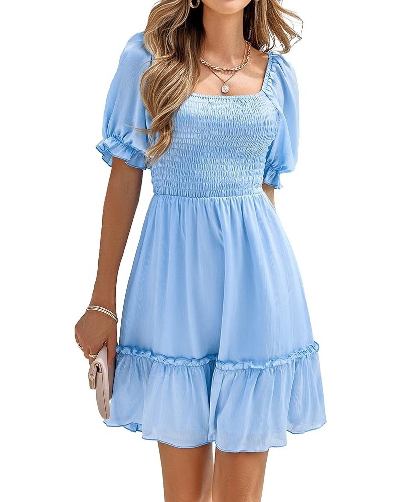 Women's Summer Short Puff Sleeve Smocked Dress Ruffle Tiered A Line Swing Dresses Light Blue $13.24 Dresses