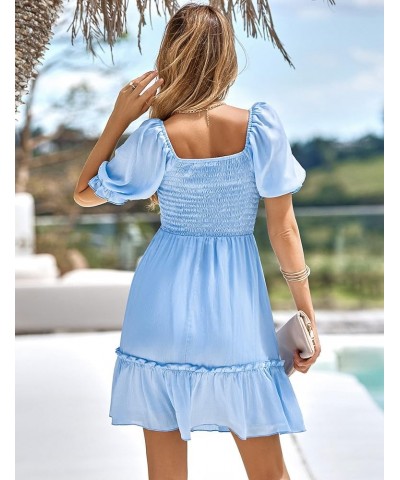 Women's Summer Short Puff Sleeve Smocked Dress Ruffle Tiered A Line Swing Dresses Light Blue $13.24 Dresses