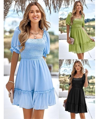 Women's Summer Short Puff Sleeve Smocked Dress Ruffle Tiered A Line Swing Dresses Light Blue $13.24 Dresses