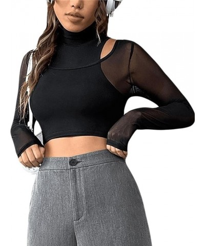 Women's Contrast Mesh Cut Out High Neck Long Sleeve Tee Top Black $7.53 T-Shirts