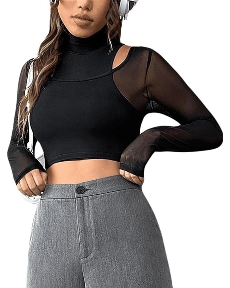 Women's Contrast Mesh Cut Out High Neck Long Sleeve Tee Top Black $7.53 T-Shirts