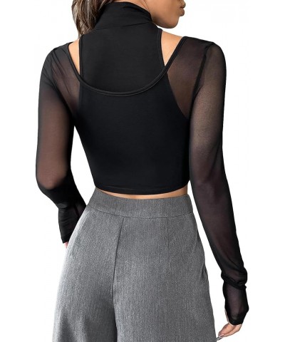 Women's Contrast Mesh Cut Out High Neck Long Sleeve Tee Top Black $7.53 T-Shirts