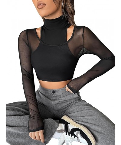 Women's Contrast Mesh Cut Out High Neck Long Sleeve Tee Top Black $7.53 T-Shirts