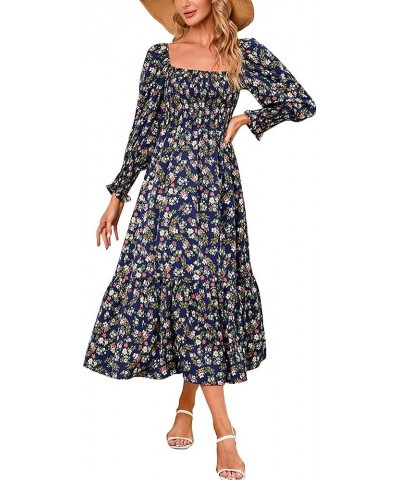 Women Boho Floral Print Square Neck Long Sleeve A Line Smocked Dress Flounce Shirred Ruffle Maternity Flowy Maxi Dress Navy B...