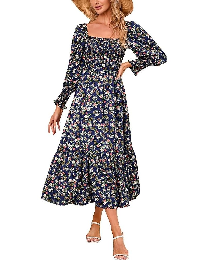 Women Boho Floral Print Square Neck Long Sleeve A Line Smocked Dress Flounce Shirred Ruffle Maternity Flowy Maxi Dress Navy B...