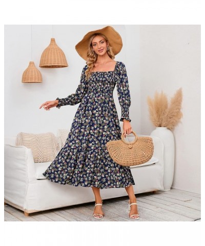 Women Boho Floral Print Square Neck Long Sleeve A Line Smocked Dress Flounce Shirred Ruffle Maternity Flowy Maxi Dress Navy B...