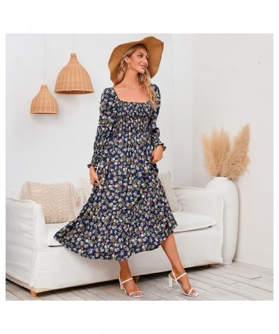 Women Boho Floral Print Square Neck Long Sleeve A Line Smocked Dress Flounce Shirred Ruffle Maternity Flowy Maxi Dress Navy B...