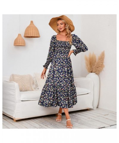 Women Boho Floral Print Square Neck Long Sleeve A Line Smocked Dress Flounce Shirred Ruffle Maternity Flowy Maxi Dress Navy B...