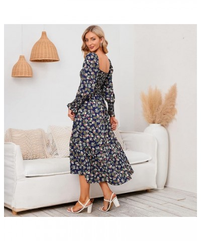 Women Boho Floral Print Square Neck Long Sleeve A Line Smocked Dress Flounce Shirred Ruffle Maternity Flowy Maxi Dress Navy B...