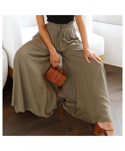 Women Wide Leg Pants Women Stretchy Waistband High Waist Drawstring Solid Color Loose Fit Soft Trousers with Pockets Linen Cy...