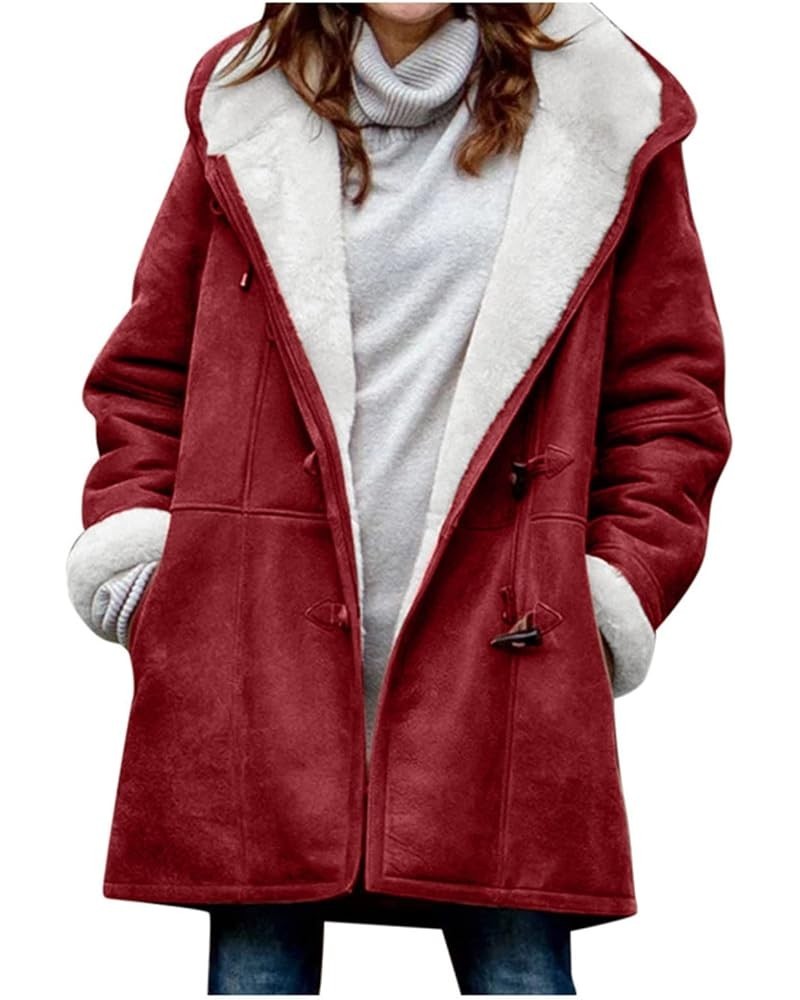 Light Weight Jackets For Women Casual For Fall Horn Button Sherpa Lined Outerwear Trendy Solid Hooded Suede Zip Up Coat A01wi...