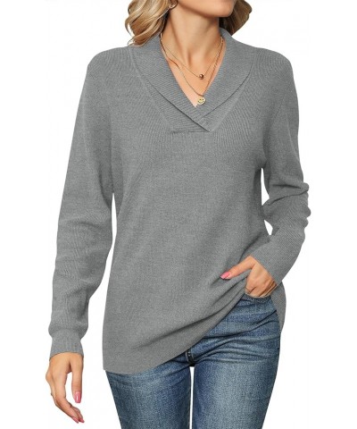 Women Long Sleeve V Neck Pullover Collar Knitted Sweaters Grey $20.82 Sweaters