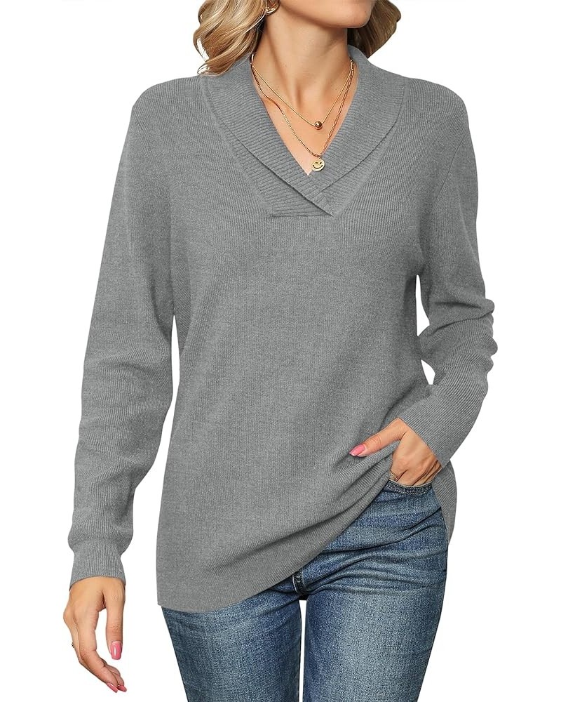 Women Long Sleeve V Neck Pullover Collar Knitted Sweaters Grey $20.82 Sweaters