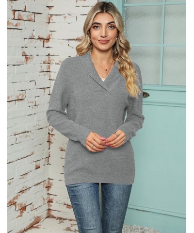 Women Long Sleeve V Neck Pullover Collar Knitted Sweaters Grey $20.82 Sweaters