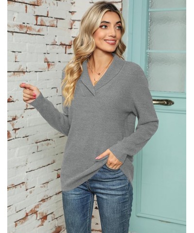 Women Long Sleeve V Neck Pullover Collar Knitted Sweaters Grey $20.82 Sweaters