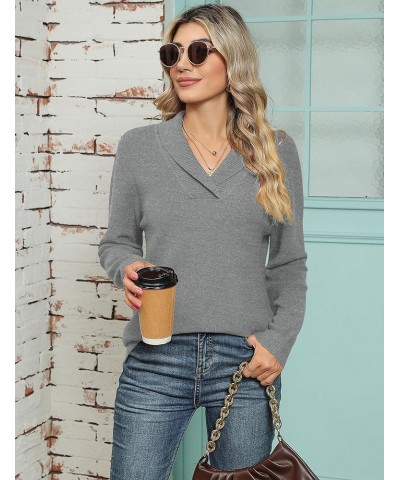 Women Long Sleeve V Neck Pullover Collar Knitted Sweaters Grey $20.82 Sweaters