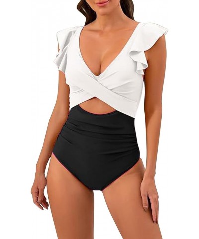 Women's One Piece Swimsuits Ruffle Crisscross Cutout High Waisted Bathing Suits Tummy Control V Neck Wrap Swimwear 02-white $...