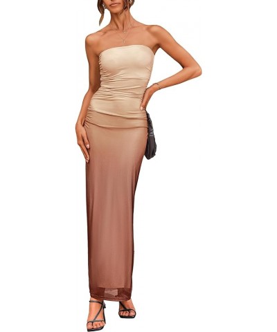 Women's Summer Maxi Bodycon Dresses Strapless Tube Top Printed Long Party Club Slit Dress Gradient Apricot Brown $24.47 Dresses