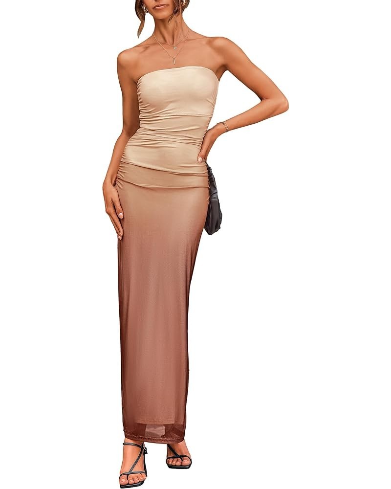 Women's Summer Maxi Bodycon Dresses Strapless Tube Top Printed Long Party Club Slit Dress Gradient Apricot Brown $24.47 Dresses