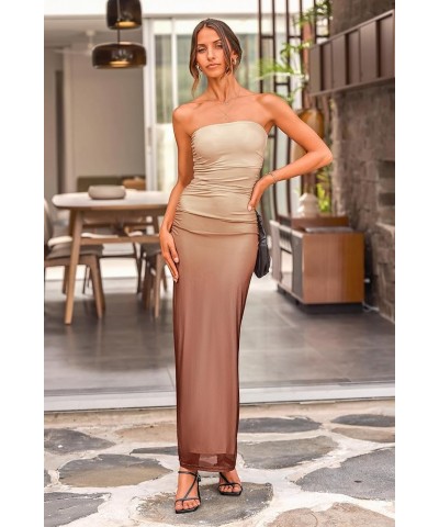 Women's Summer Maxi Bodycon Dresses Strapless Tube Top Printed Long Party Club Slit Dress Gradient Apricot Brown $24.47 Dresses