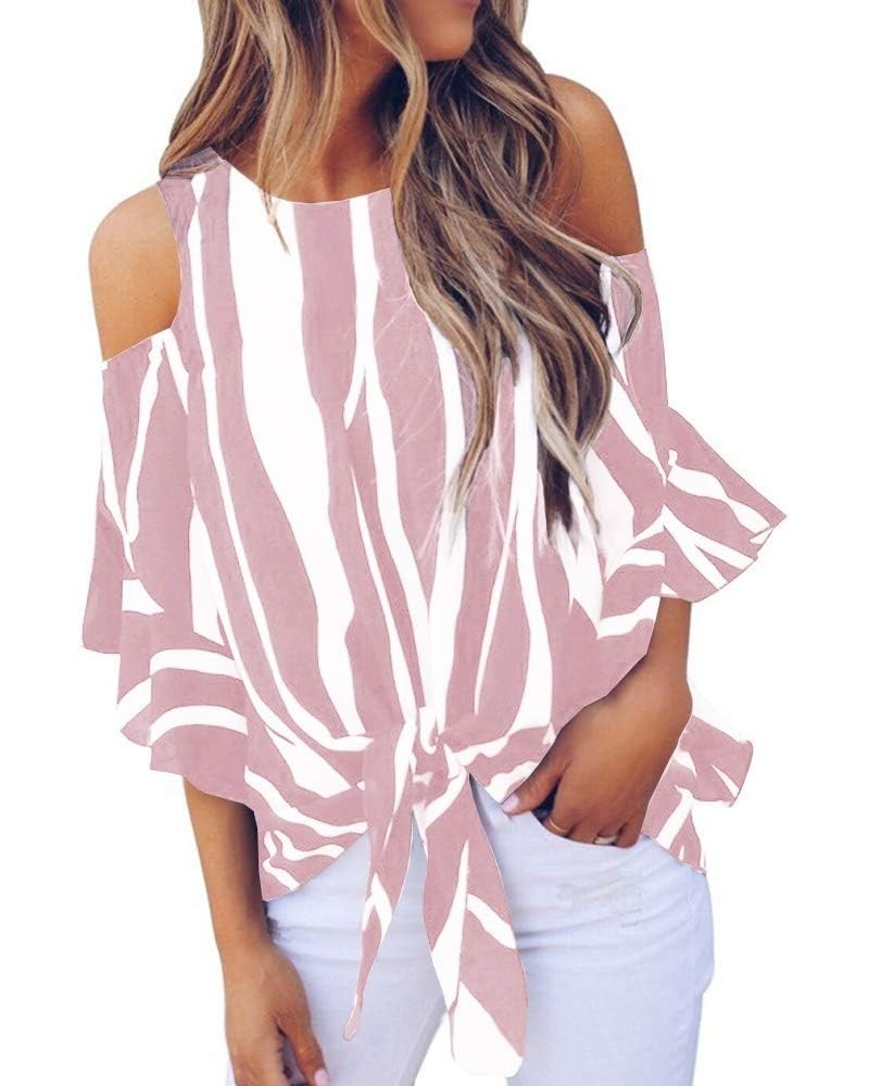 Womens Cold Shoulder Blouse Bell Sleeve Tie Knot Casual Summer Shirt Tops 2-pink $14.40 Blouses