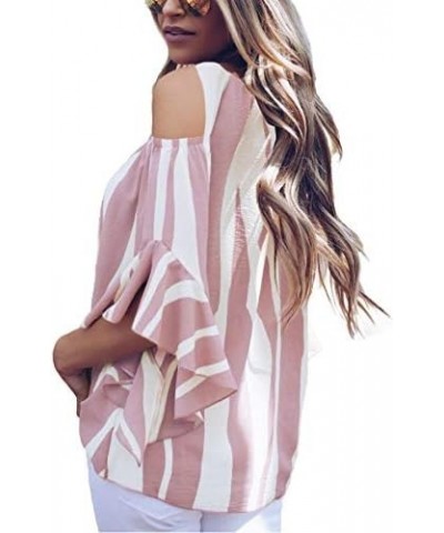 Womens Cold Shoulder Blouse Bell Sleeve Tie Knot Casual Summer Shirt Tops 2-pink $14.40 Blouses