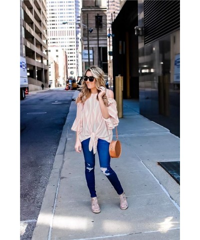 Womens Cold Shoulder Blouse Bell Sleeve Tie Knot Casual Summer Shirt Tops 2-pink $14.40 Blouses