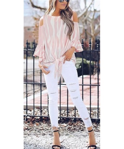 Womens Cold Shoulder Blouse Bell Sleeve Tie Knot Casual Summer Shirt Tops 2-pink $14.40 Blouses